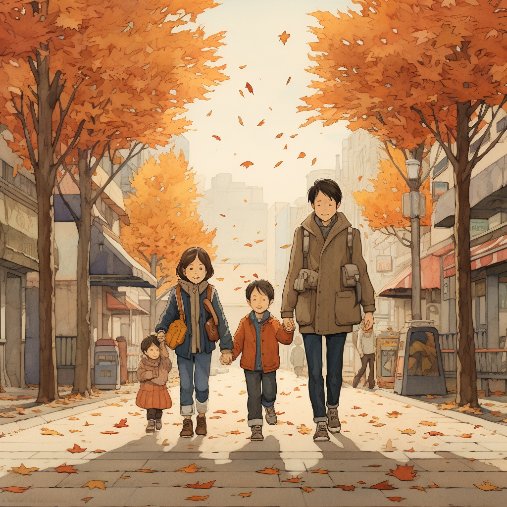 Family walking among fall leaves