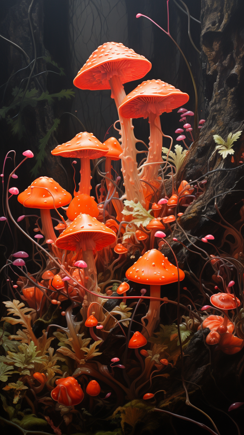 Hyper realistic pinky orange mushrooms