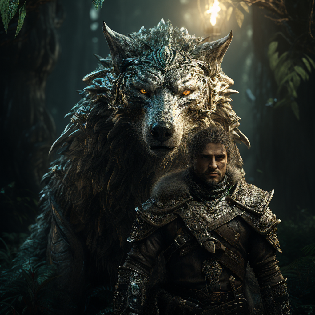 Fantasy man with battle wolf in enchanted forest