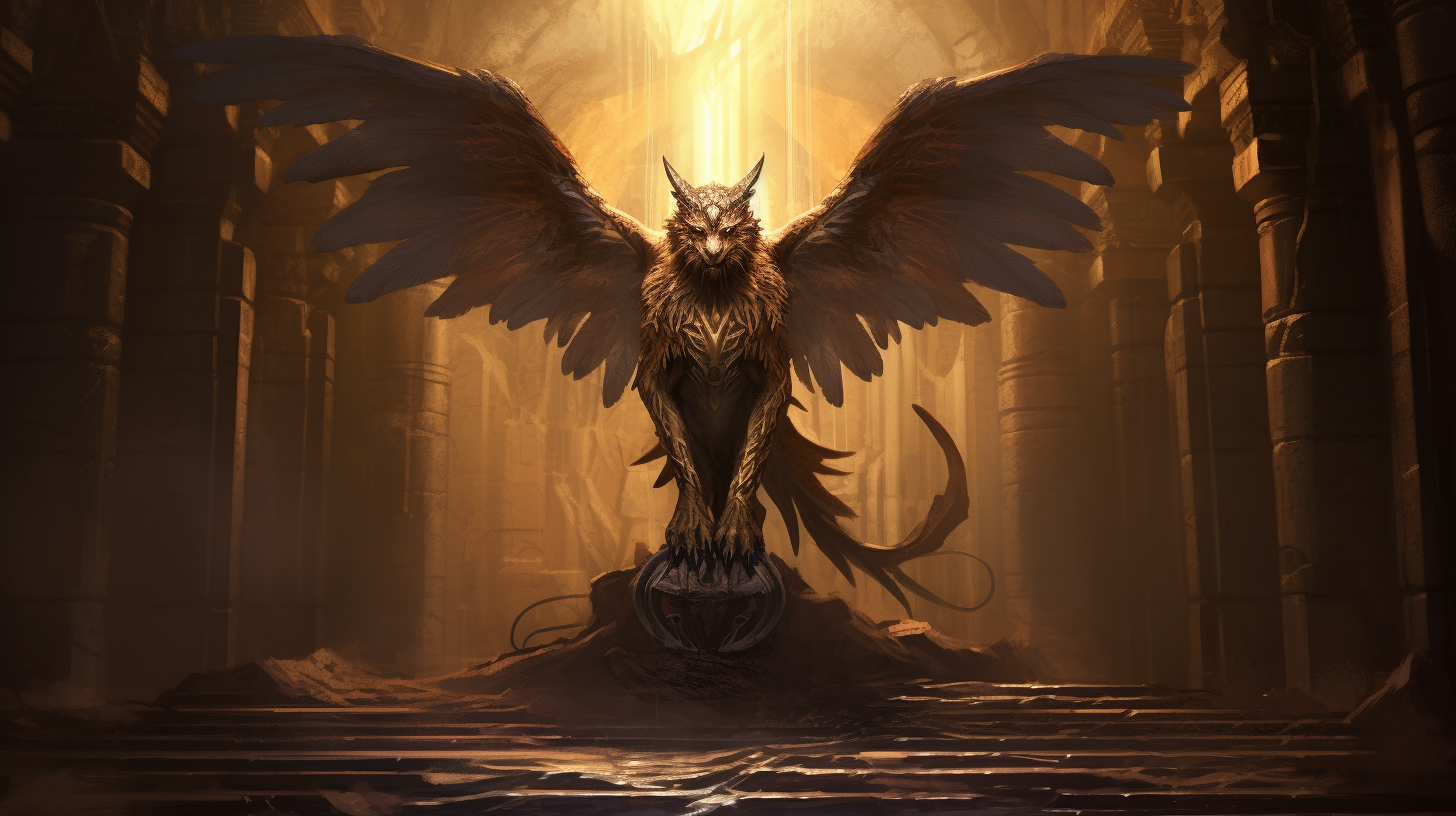 Majestic sphinx with wings in dungeon