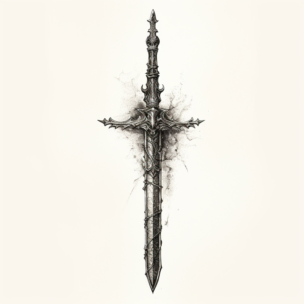 hand-drawn black line art of fantasy sword