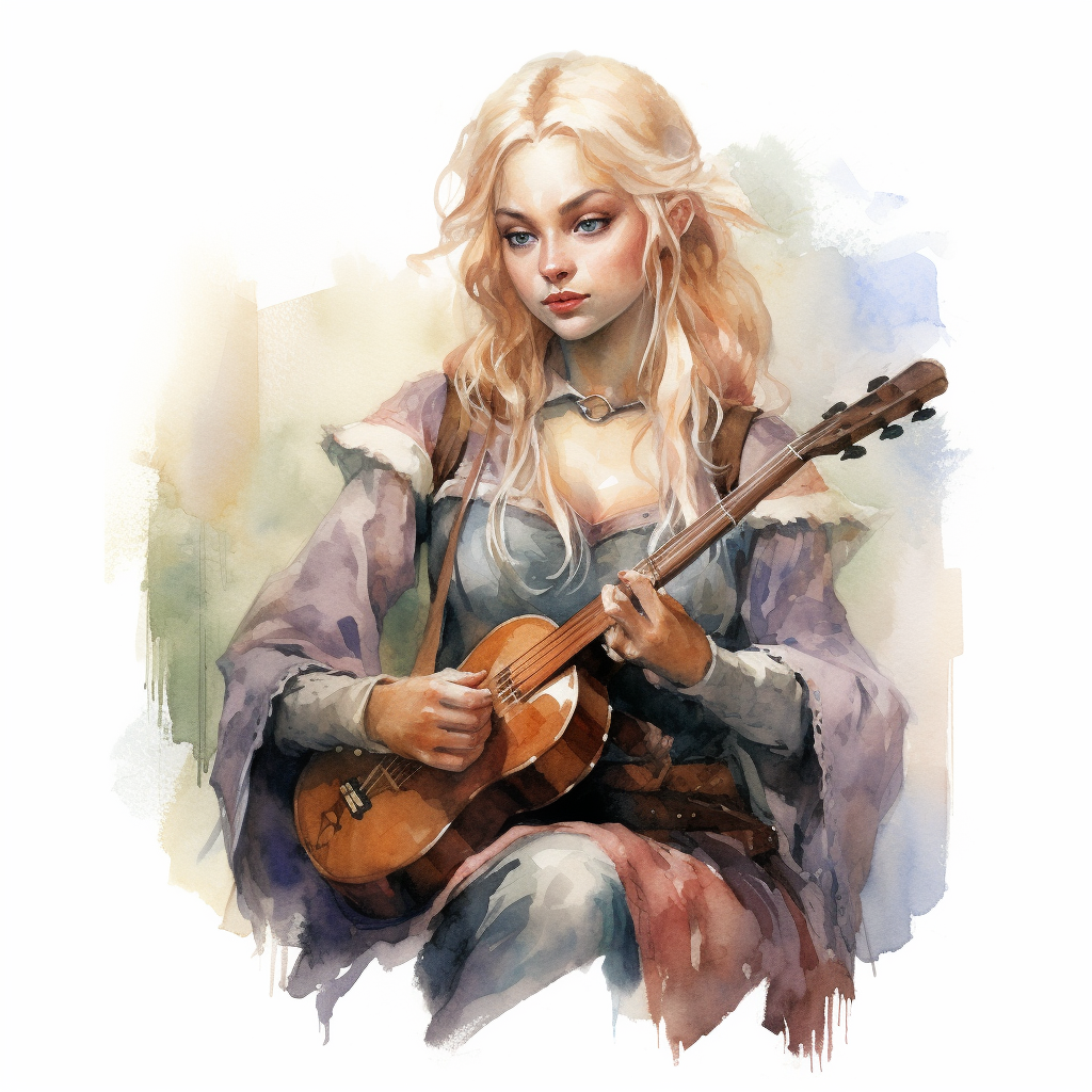 Watercolor illustration of a fantasy female elf bard