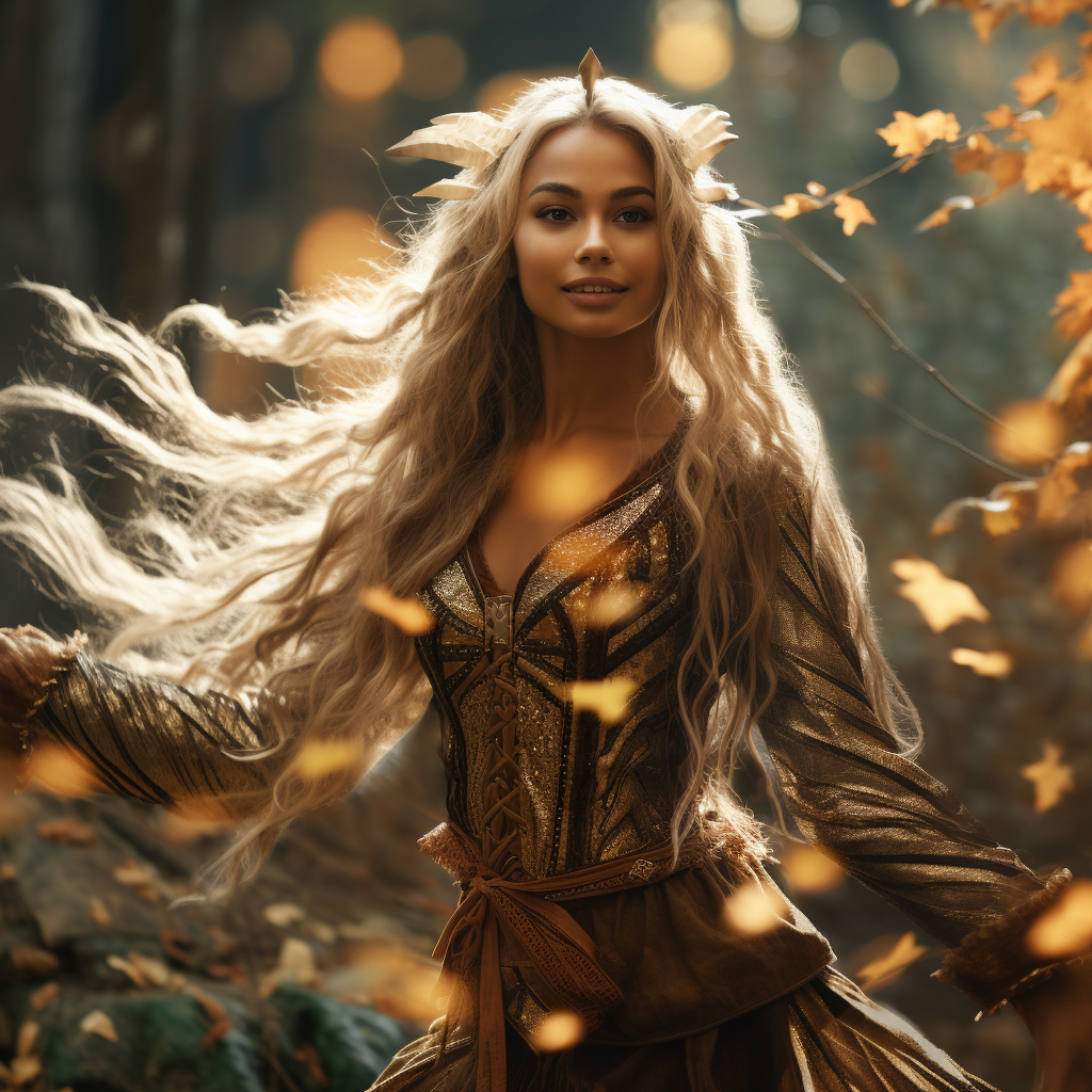 Dakota Fanning as Elven Dancer-Mage in Autumn Forest