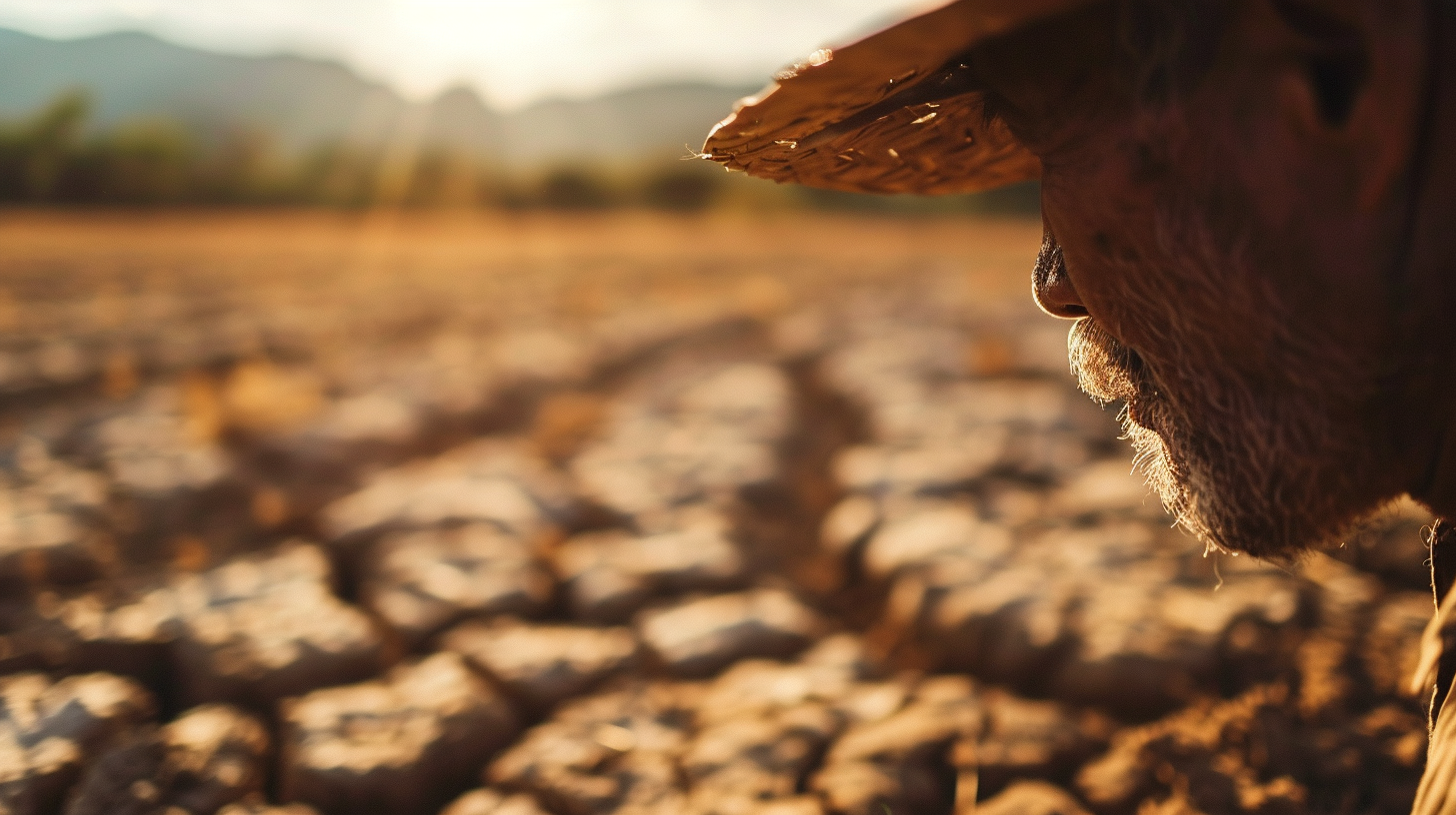 Closeup of Farmer Surveying Drought-Stricken Land