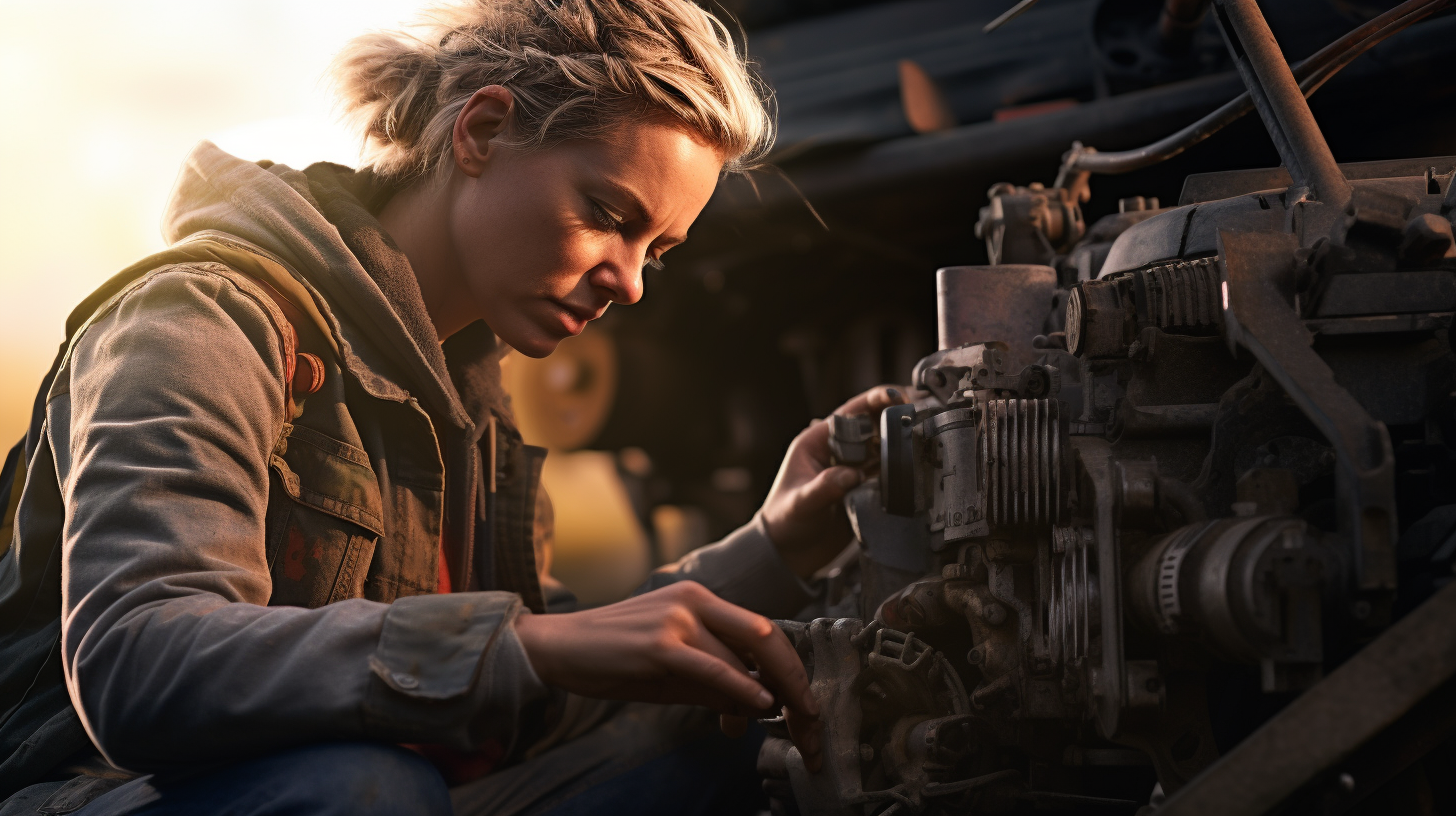 Frustrated farmer woman repairing harvester