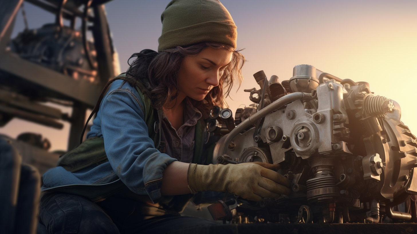 Farmer woman repairing harvester with wrench