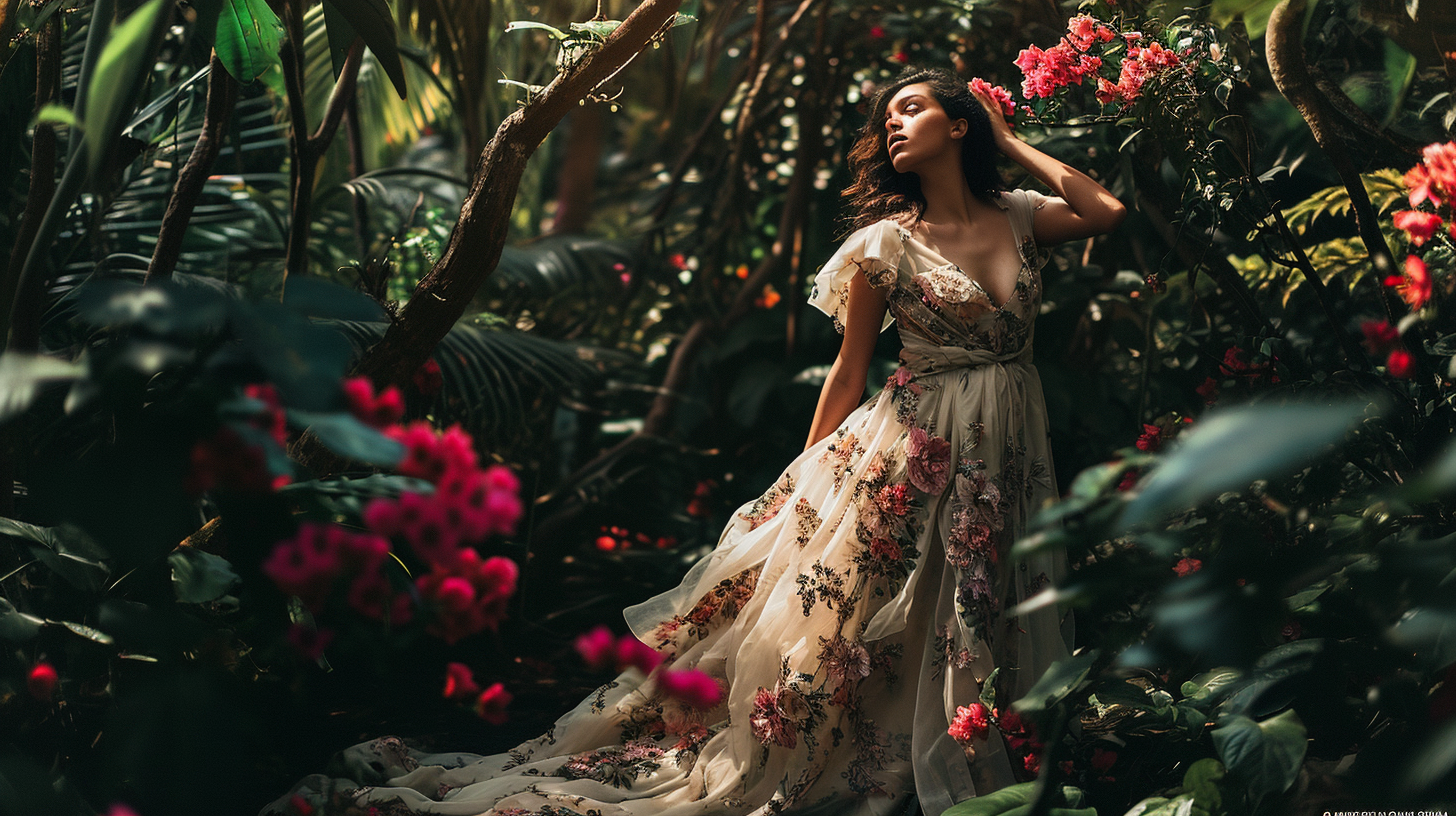 Hispanic female model in ethereal gown among flowers