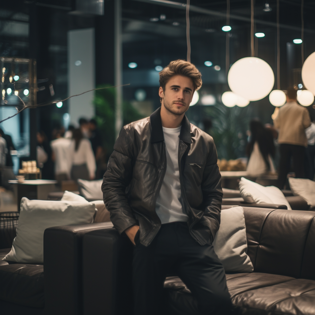 Young fashionable man at luxury furniture store  ?