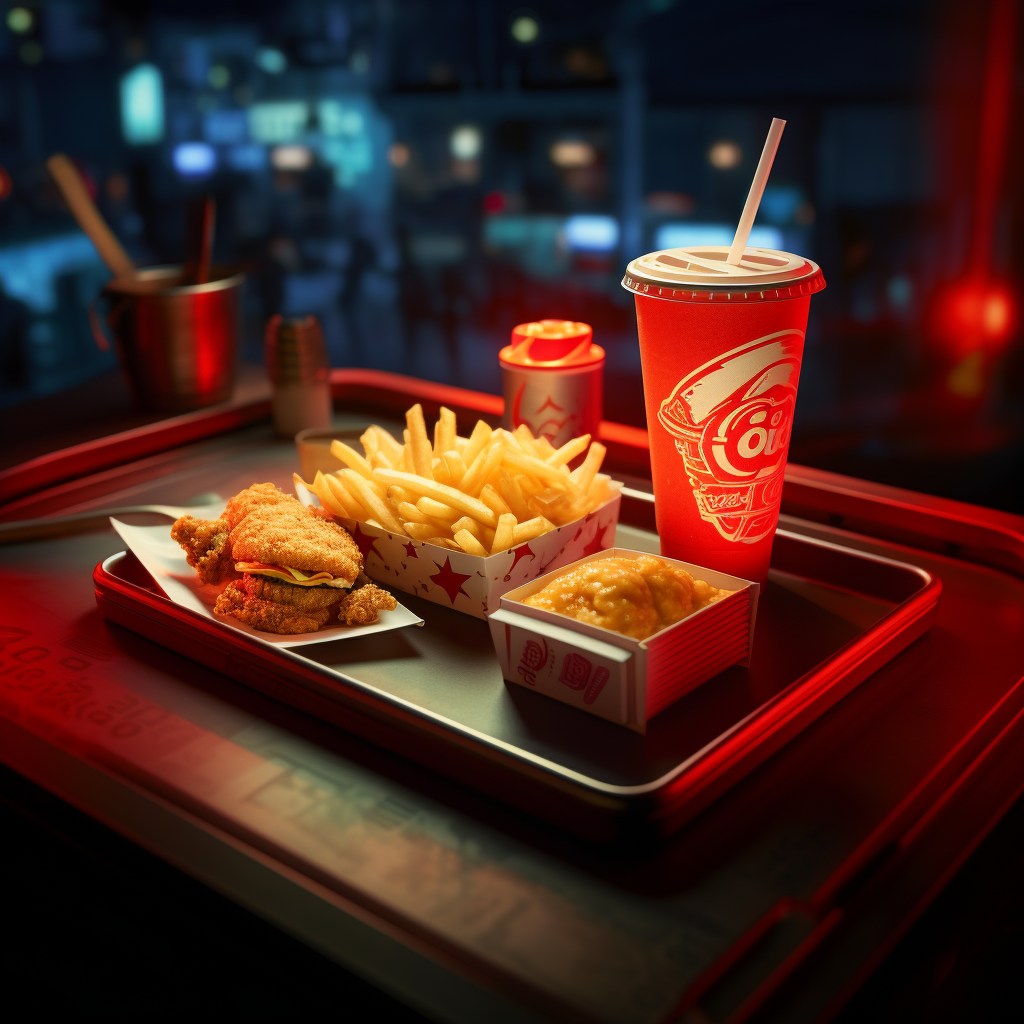 Empty KFC bucket and french fries on fast food tray