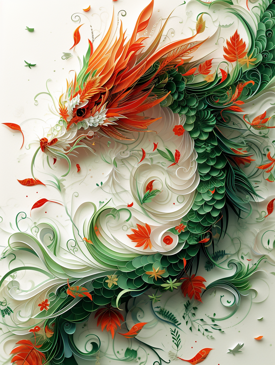 Feathered dragon on white background with jungle vines and red lines