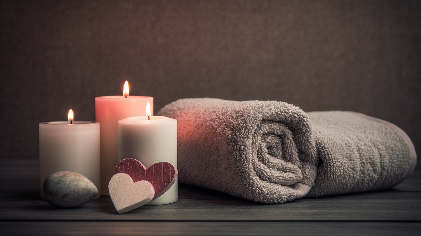 Relaxing spa candles and towels with felt heart