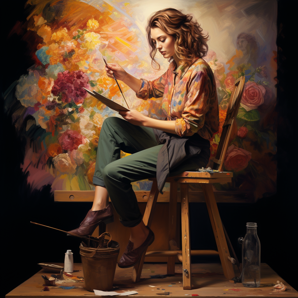 Female Artist Painting at Stool