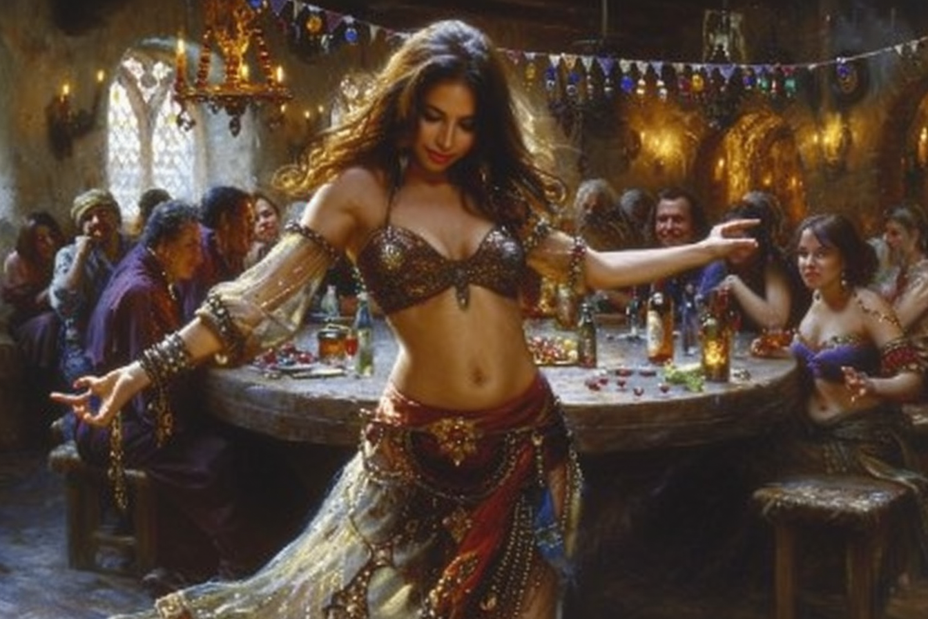 Belly dancer in medieval tavern