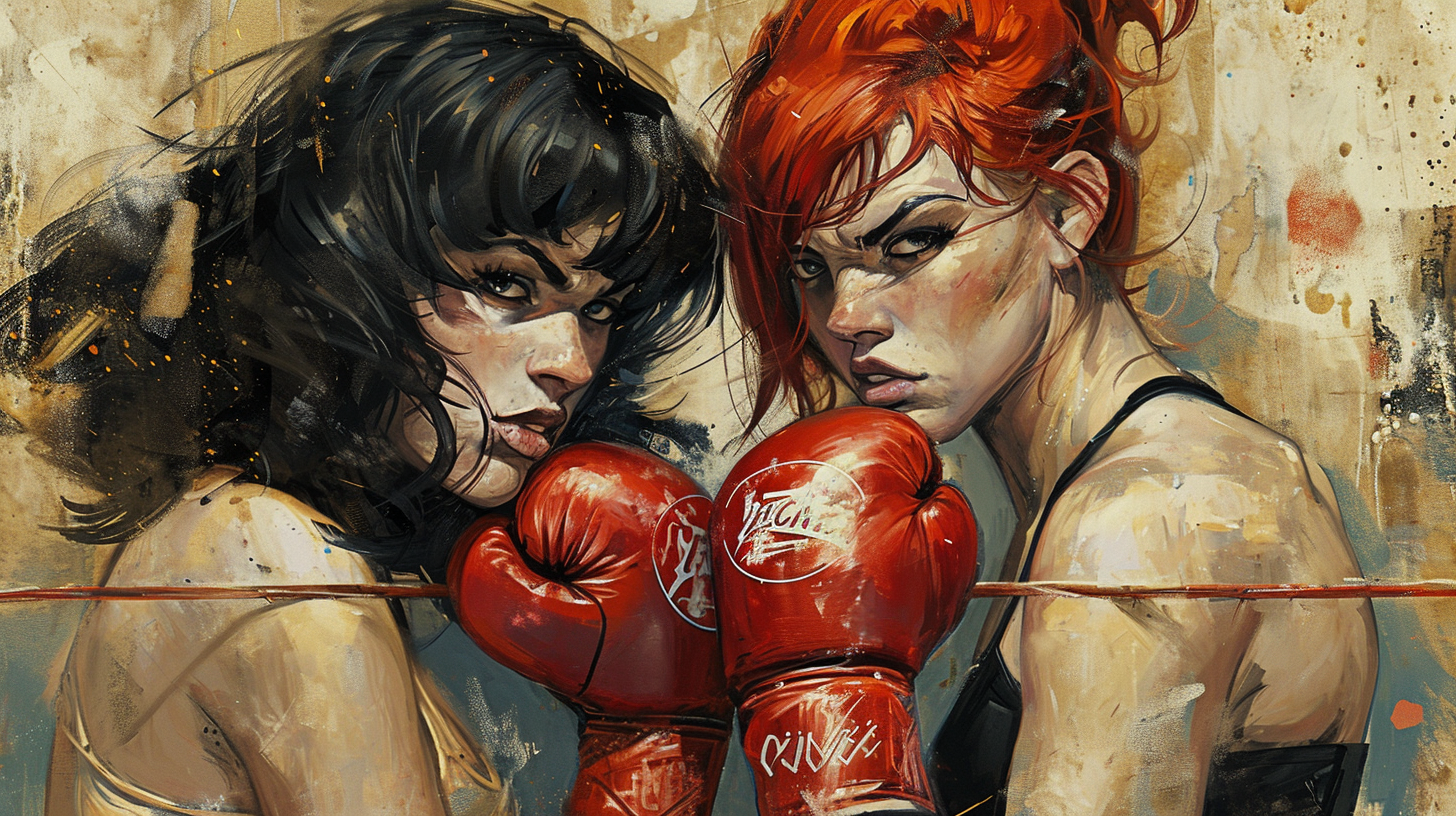 Female boxers with huge gloves in classical portraits