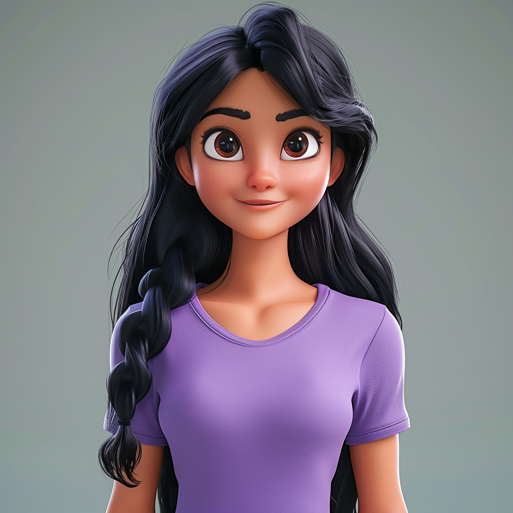 Happy female character with long black hair in cartoon style