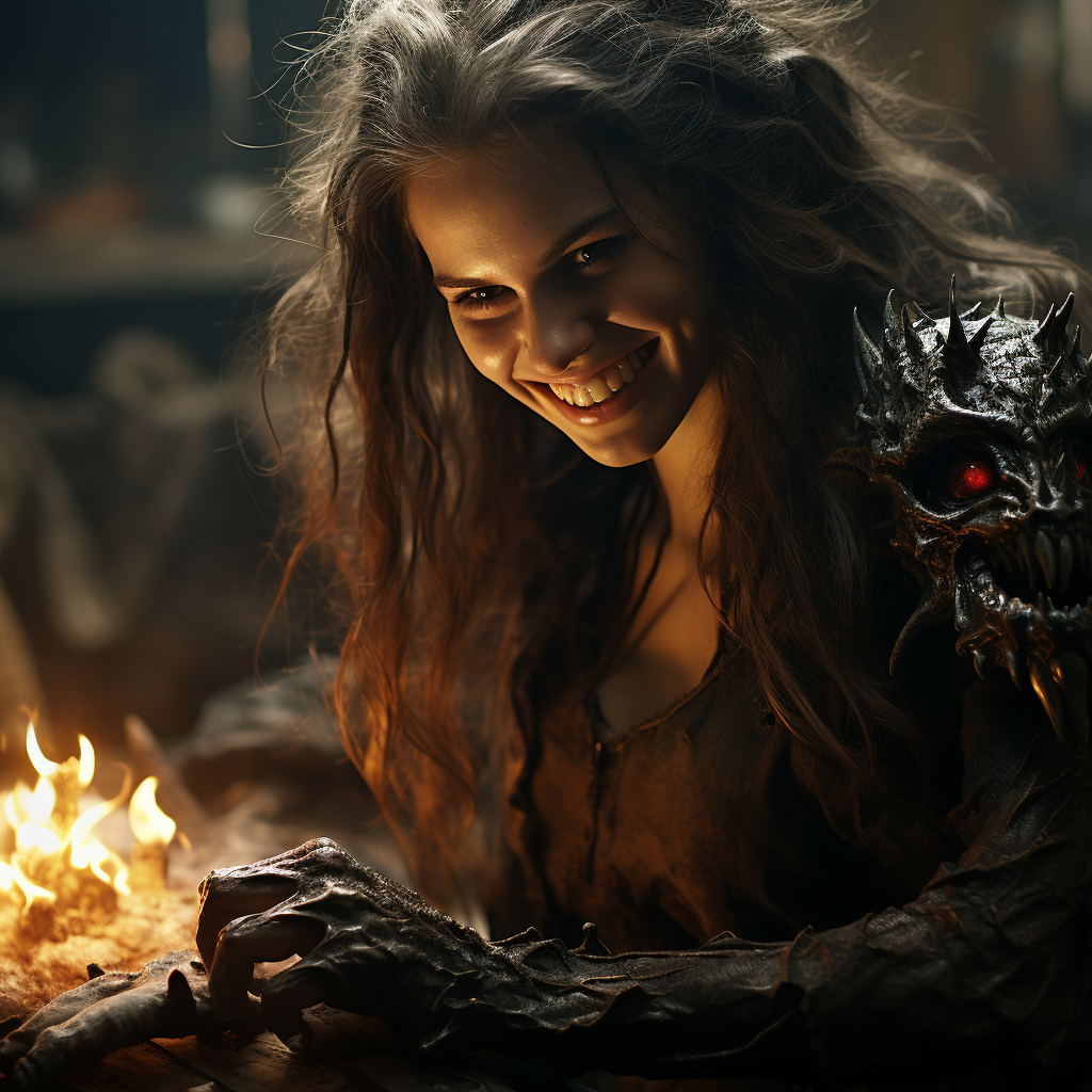 Smiling female demon holding a knife