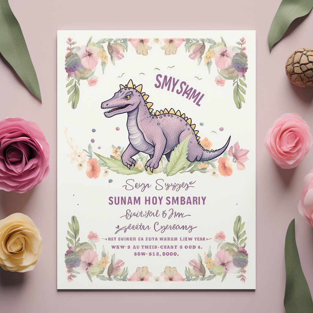 Adorable female dinosaur invitation with flowers