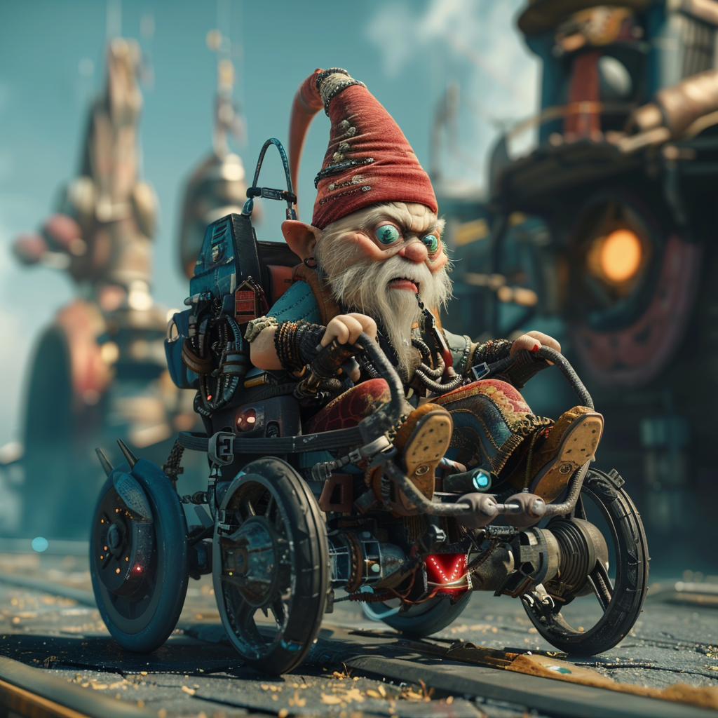 Small Gnome in Futuristic Wheelchair