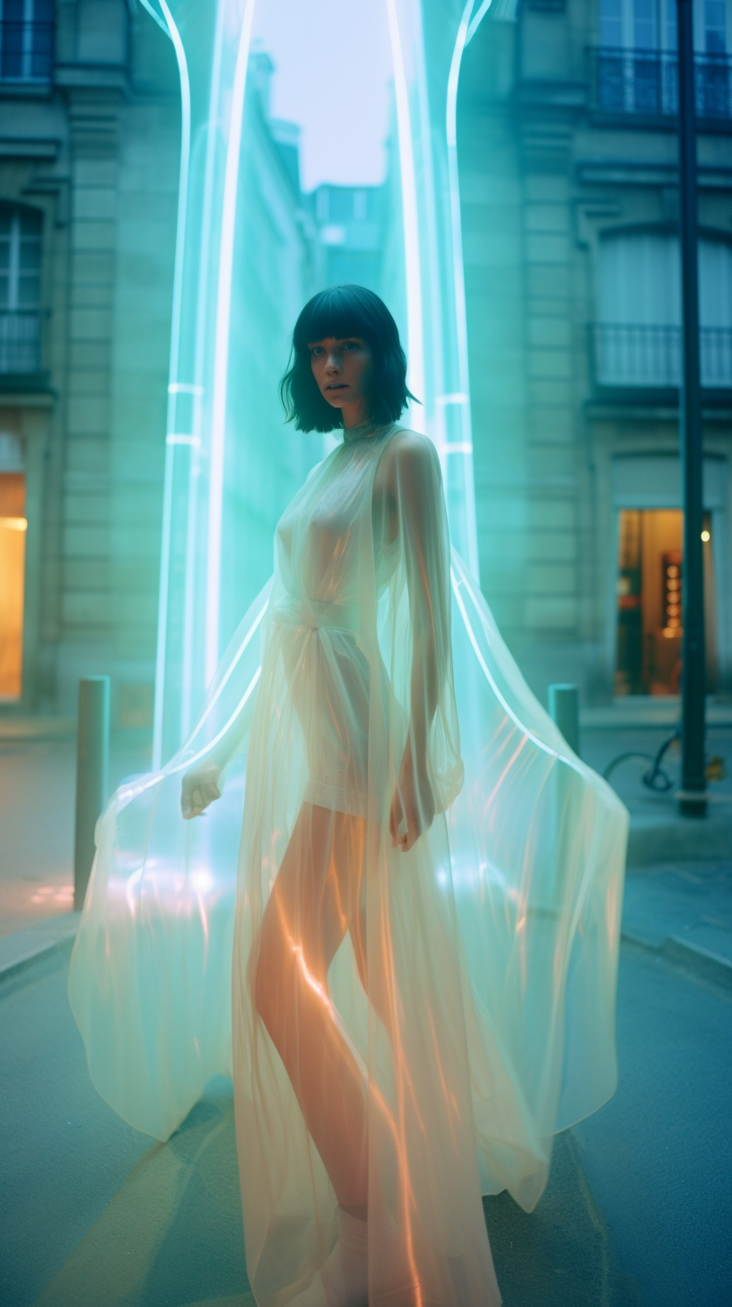 Female model walking into ghost portal