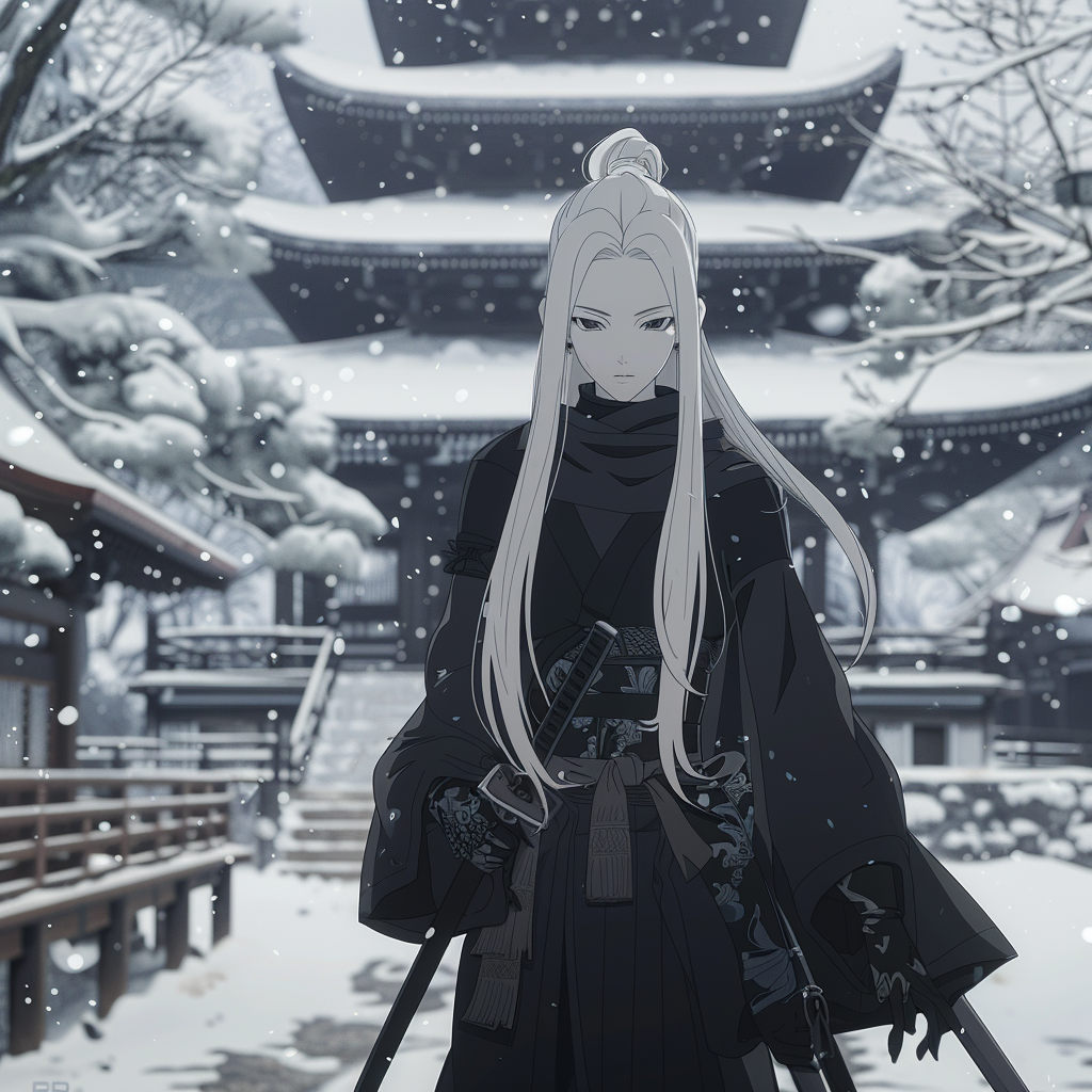 Female samurai god anime character with white hair