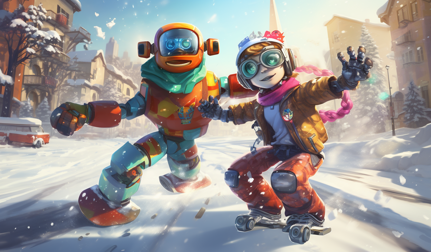 Colorful snowboarding robot and human enjoying the holiday