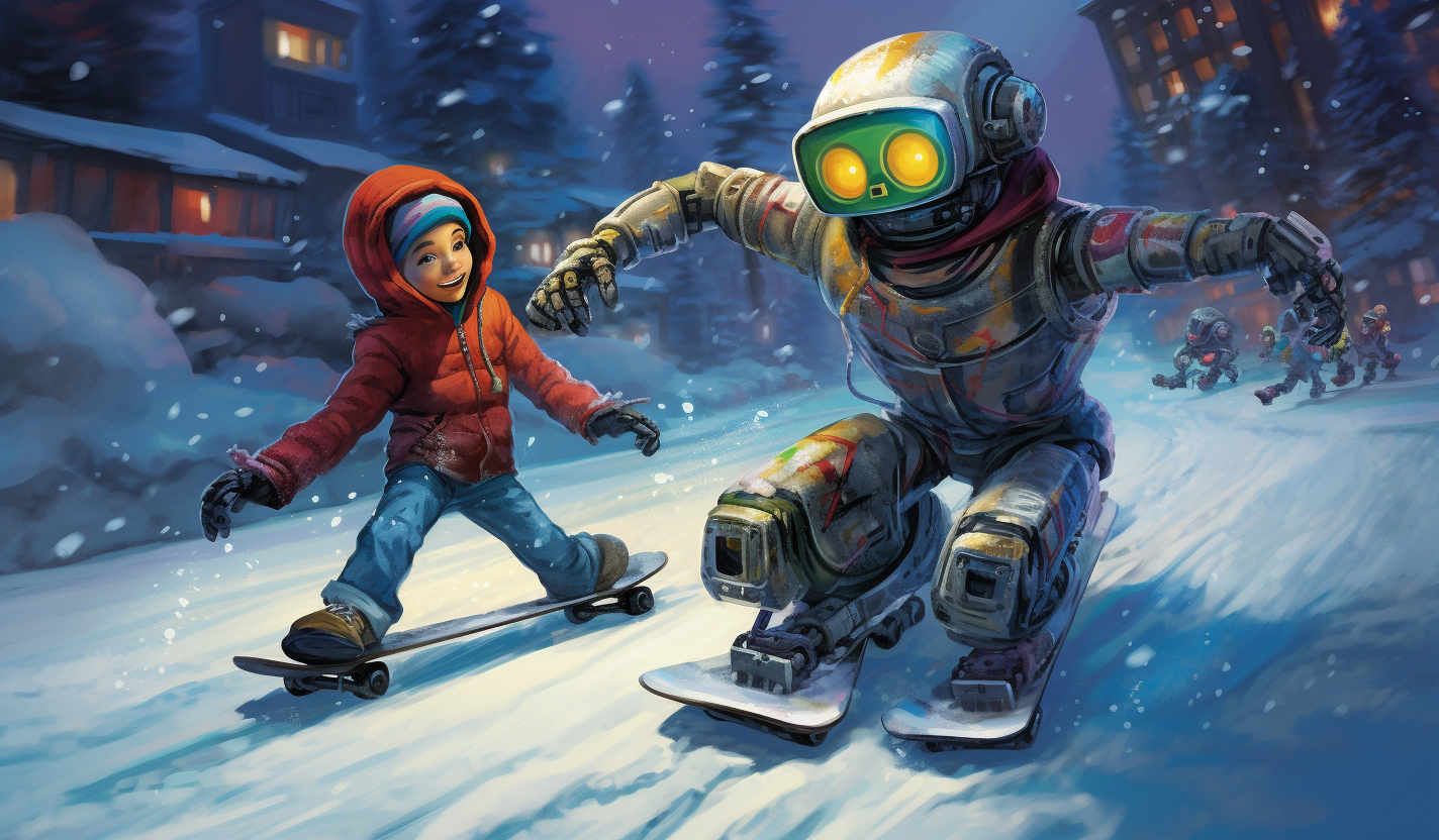 Snowboarding robot and human enjoying winter