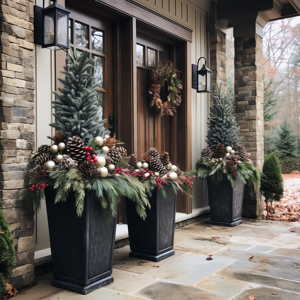 Beautiful Winter Planters with Cedar, Dogwood, Magnolia, Pine Cone, and Berries