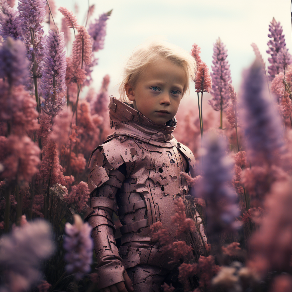 Kid enjoying flowers in Giger-inspired field