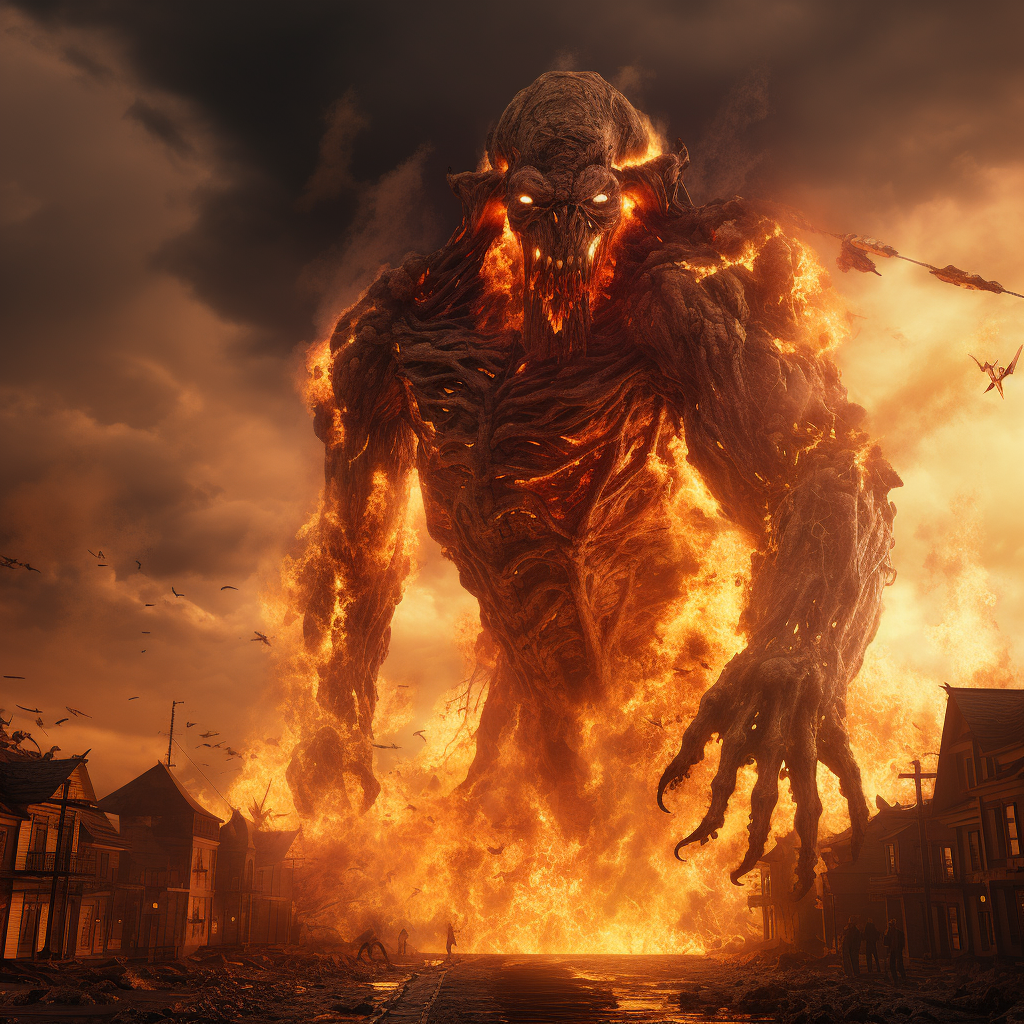 Terrifying monster in fiery burning amber town