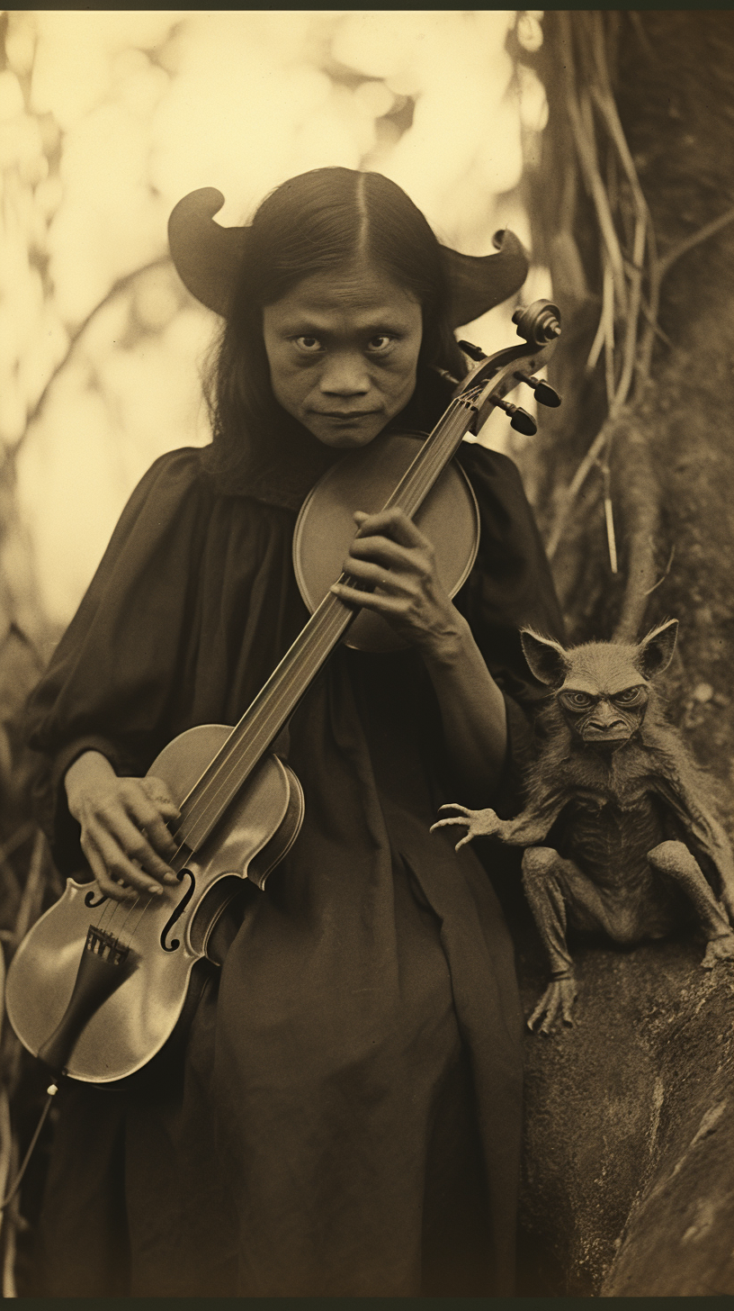 Vintage photo of Filipina witch and gremlin playing violin