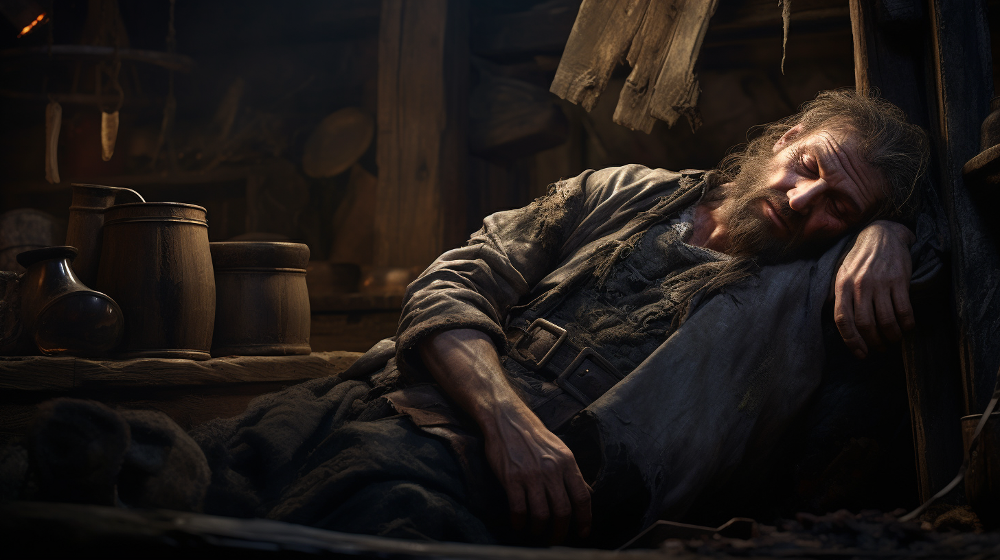 Image of a filthy hermit sleeping in the crawlspace