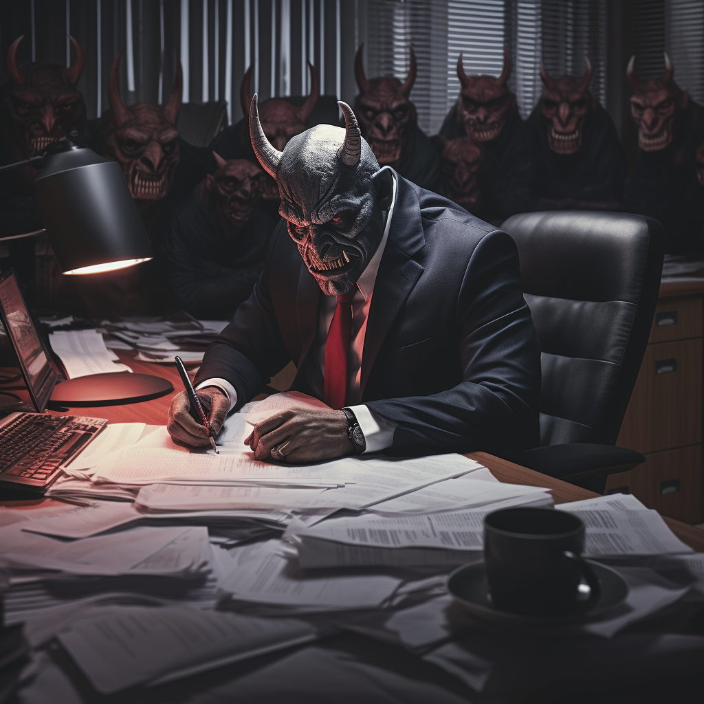 Villain in finance office with paperwork