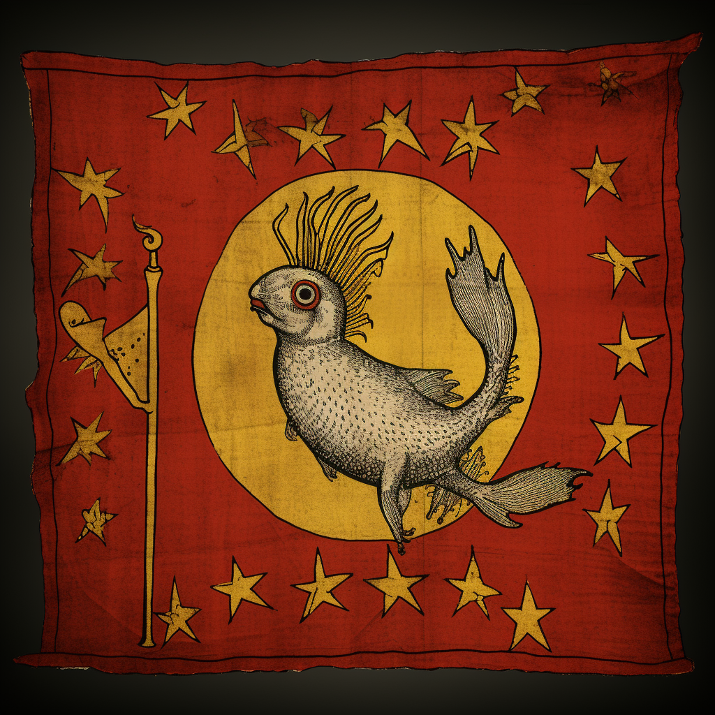 Fish and rabbit with medieval flag