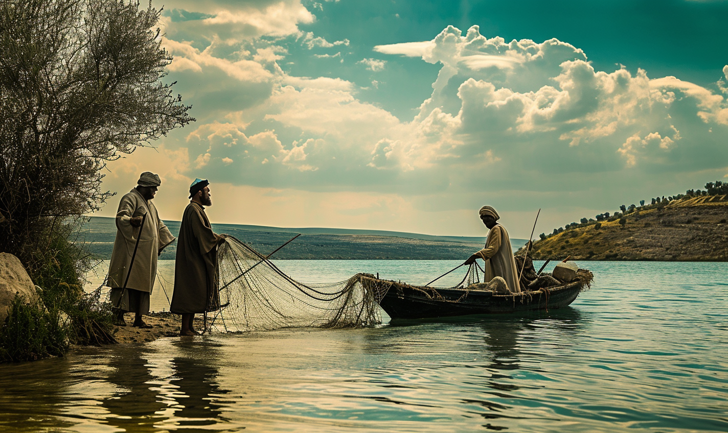 Fisherman casting nets in 1st century Palestine