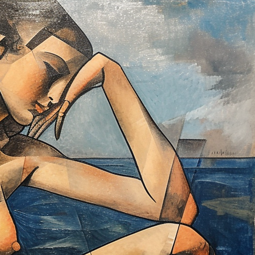 Abstract Picasso-style painting of fit woman at beach