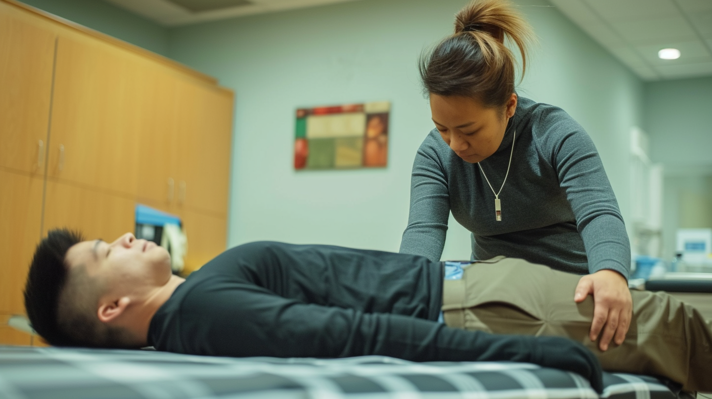 Physical therapist demonstrates flat table position