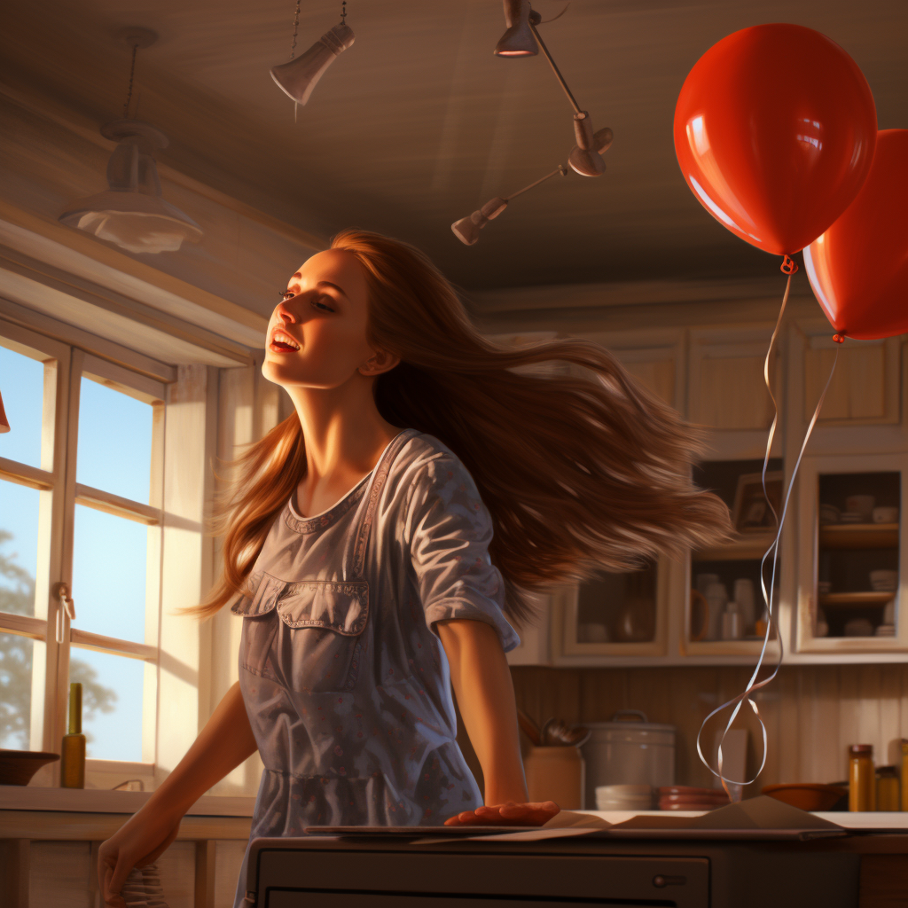 Girl floating in kitchen with balloon