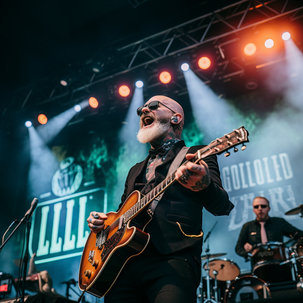 Flogging Molly band performing on stage with flames