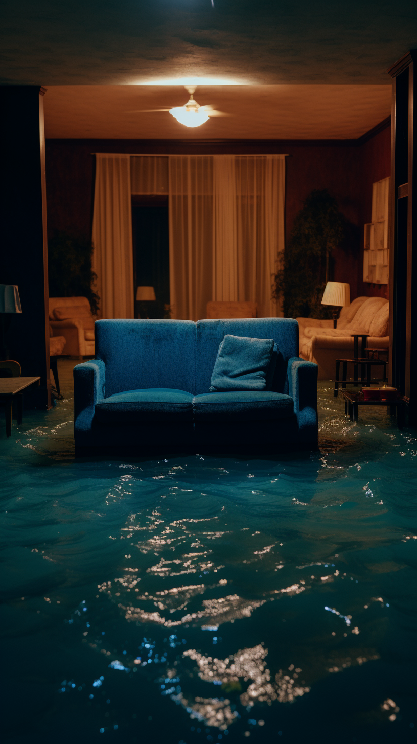 Water overflowing into retro room with sinking furniture