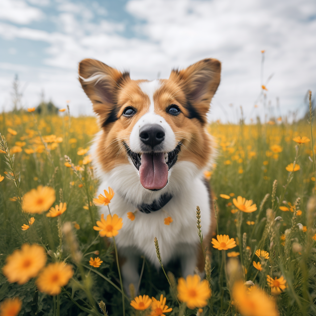 Energetic floppy ear Corgi with orange and white spots