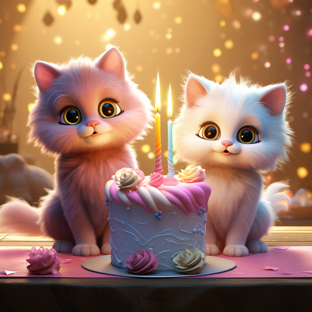 Three cute cats behind birthday cake