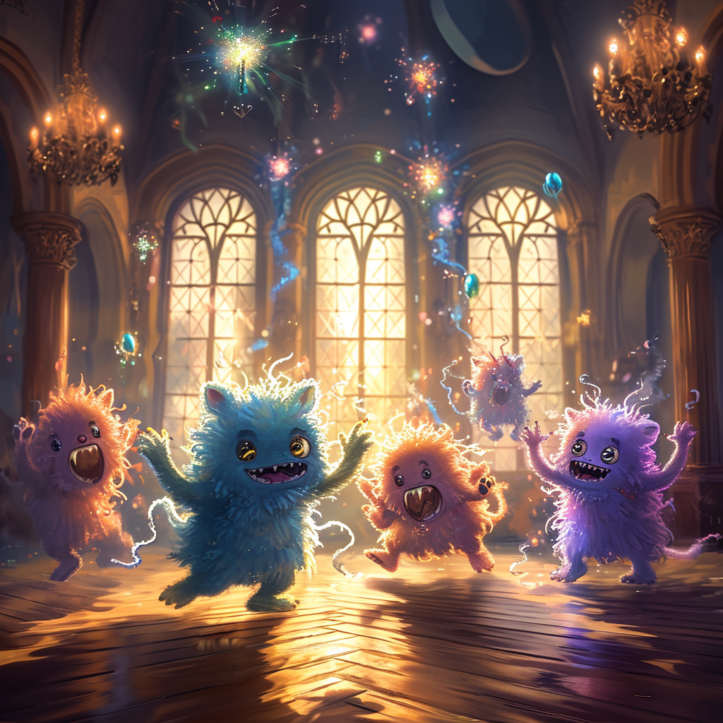 Cute fluffy monsters dancing in ballroom