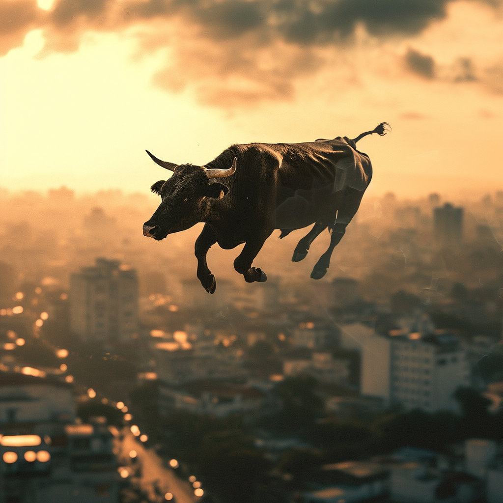 Flying black cow in Brazil's city skyline