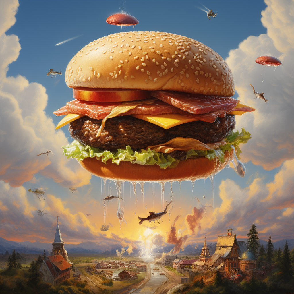 Delicious flying burger in incredible realism.