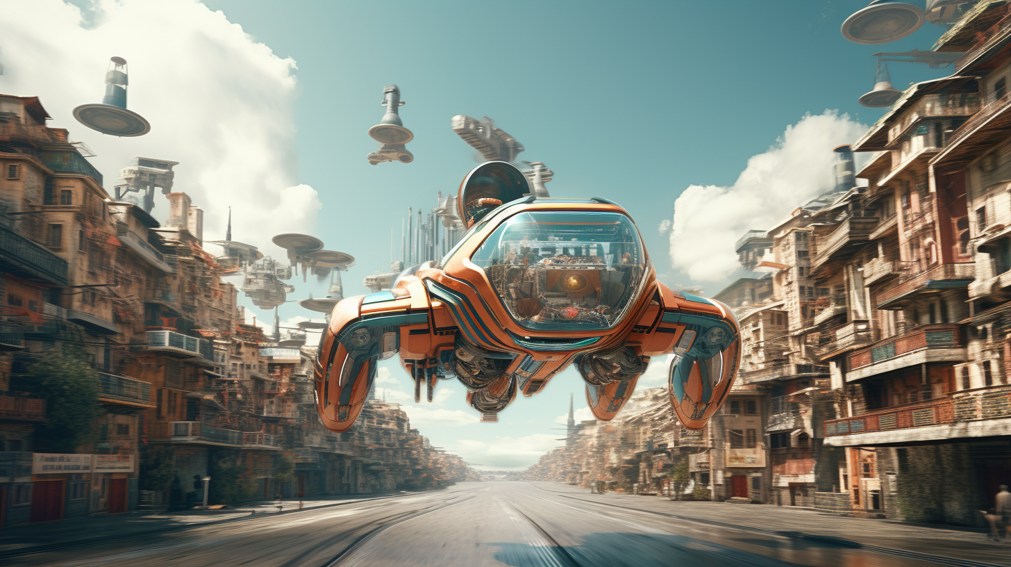 Flying car in cityscape