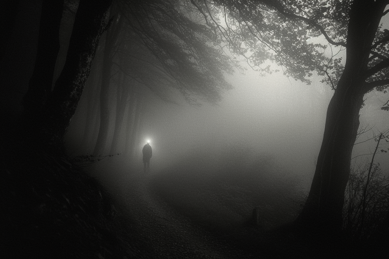 Foggy forest path with lone figure