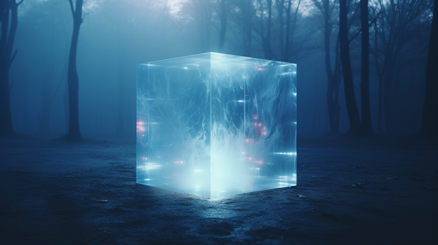 Mysterious glass cube with fog and LED lights