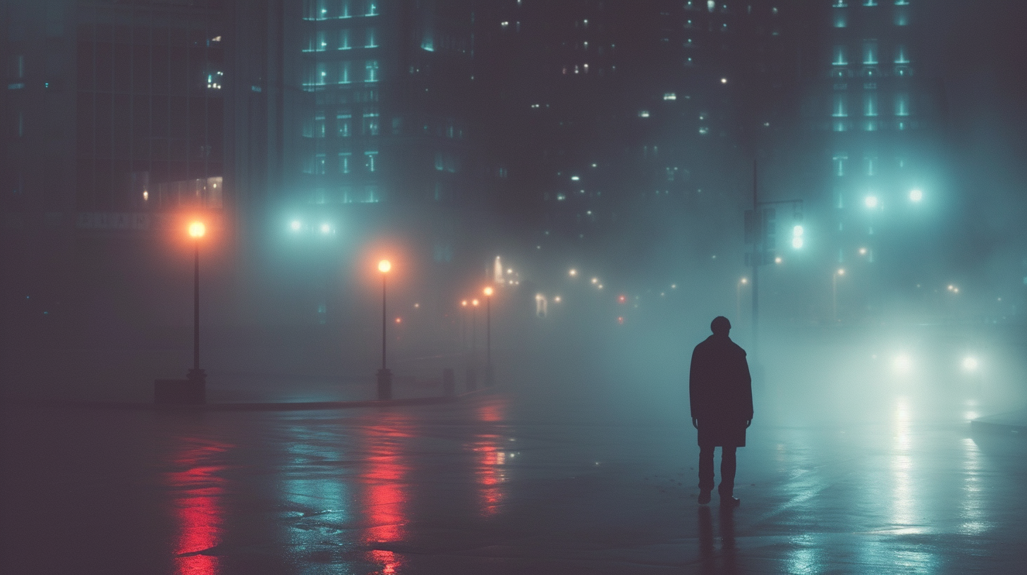 Foggy City Lonely Man Walking