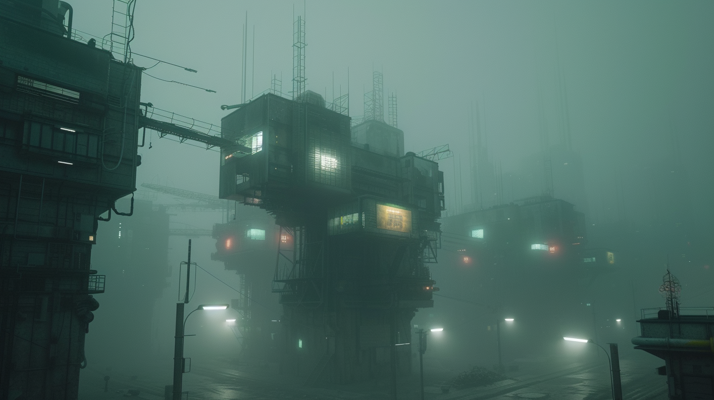 Rowhomes in foggy cyberpunk city