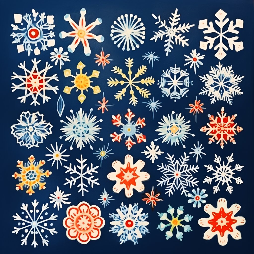 Festive hand-painted folk art Christmas snowflakes